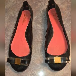 Ted Baker Black Jelly Flats with Gold Bow Detail